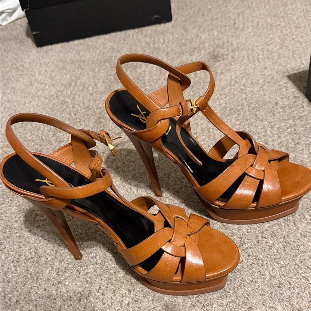 Yves Saint Laurent Tan Strappy Platform Heels